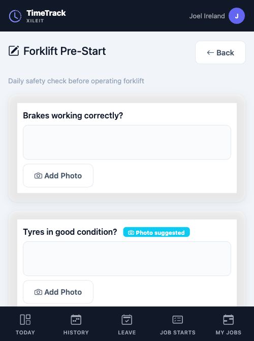 Staff mobile pre-start checklist