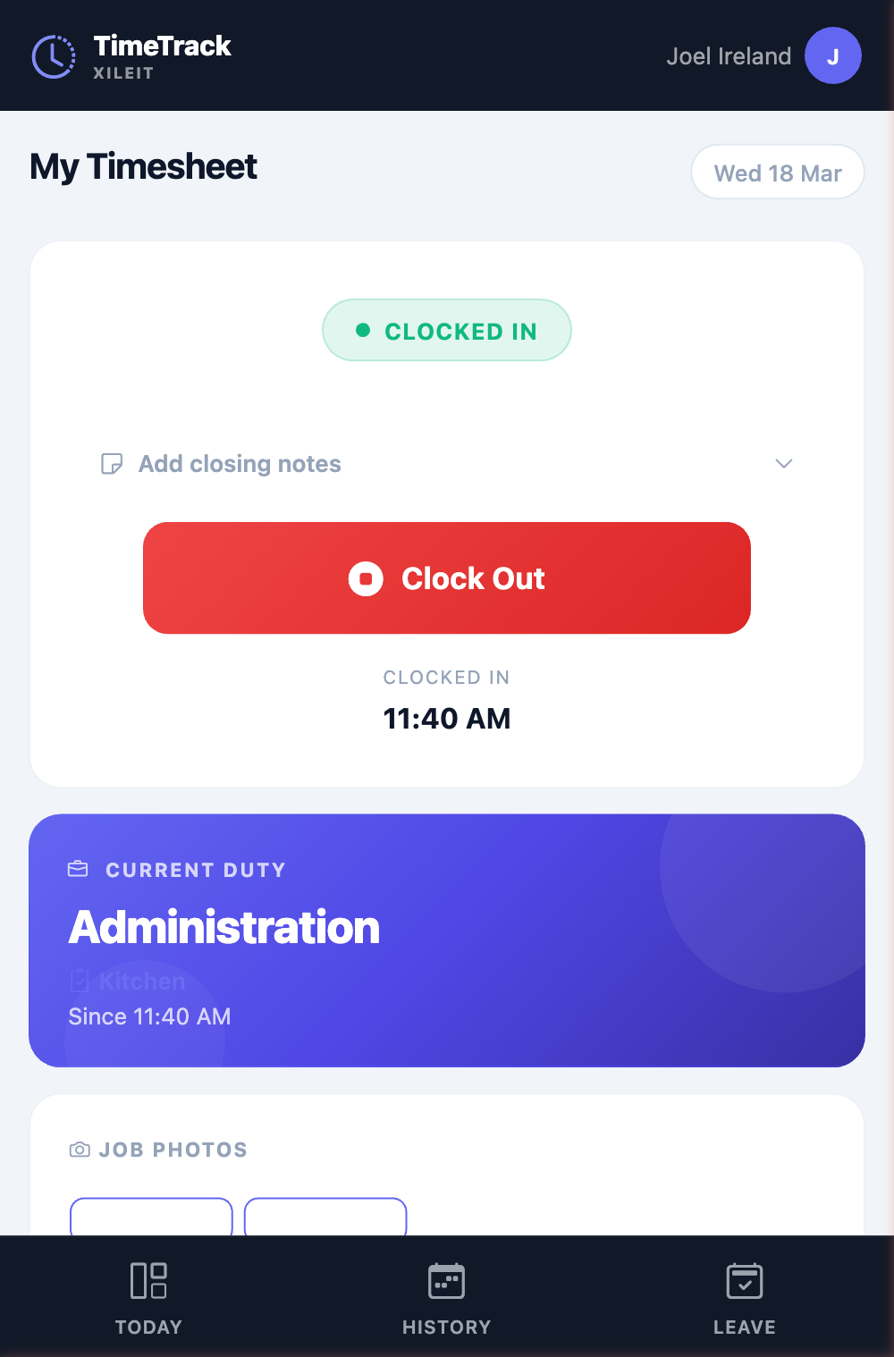 Staff mobile clock in view