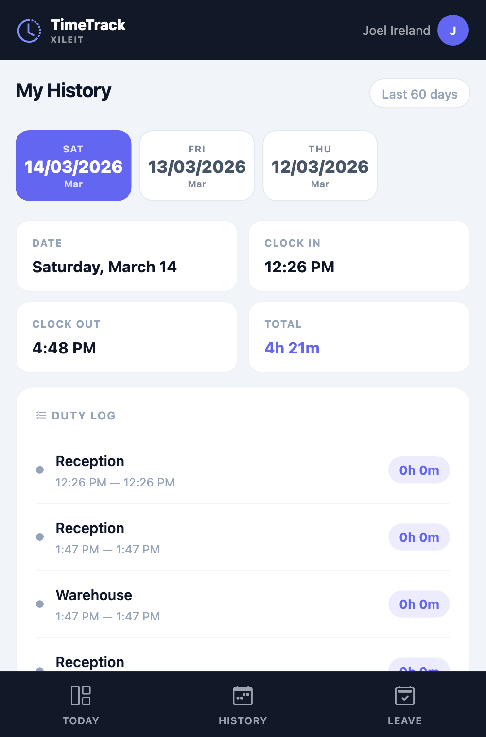 Staff mobile history view